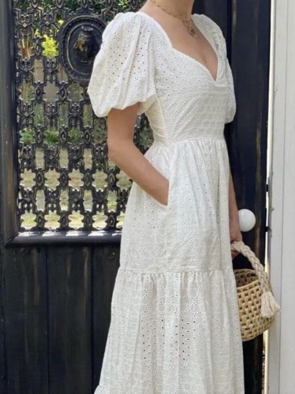 White Eyelet Puff-Sleeve Maxi Dress